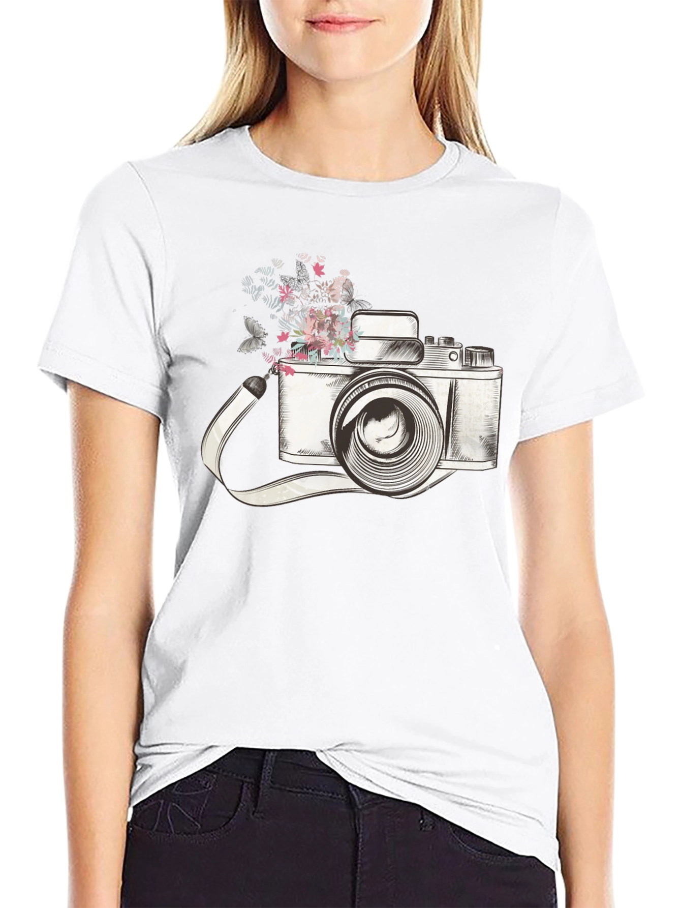 Floral Camera Graphic Tee - Trendy Unisex T-Shirt