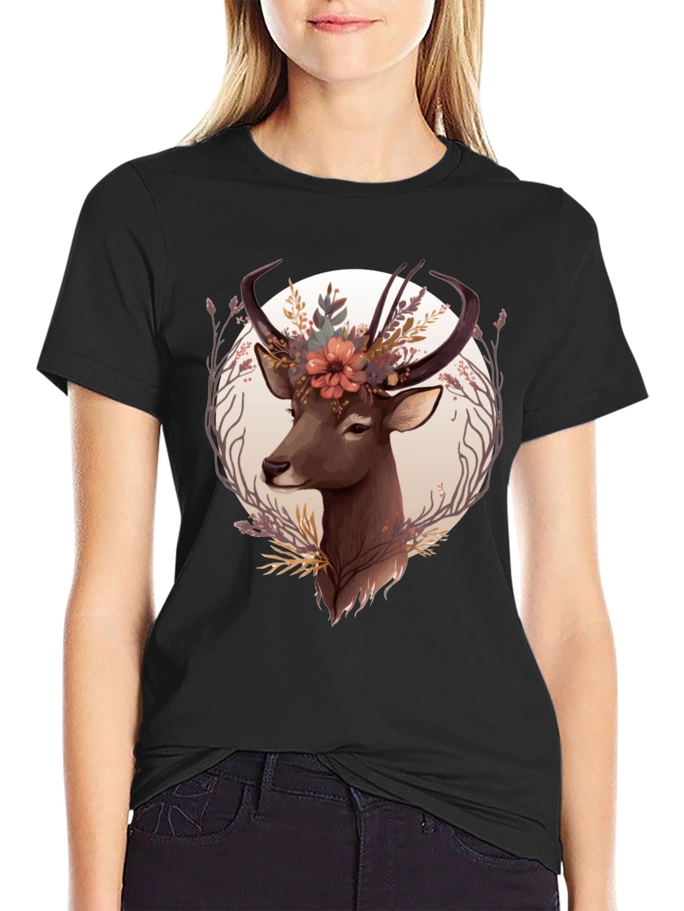 Floral Deer Graphic Tee - Trendy Nature Design