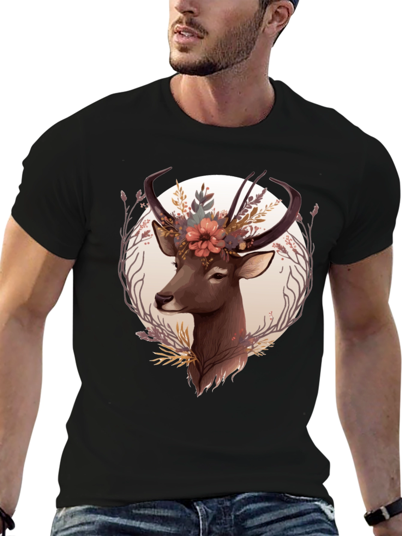 Floral Deer Graphic Tee - Trendy Nature Design