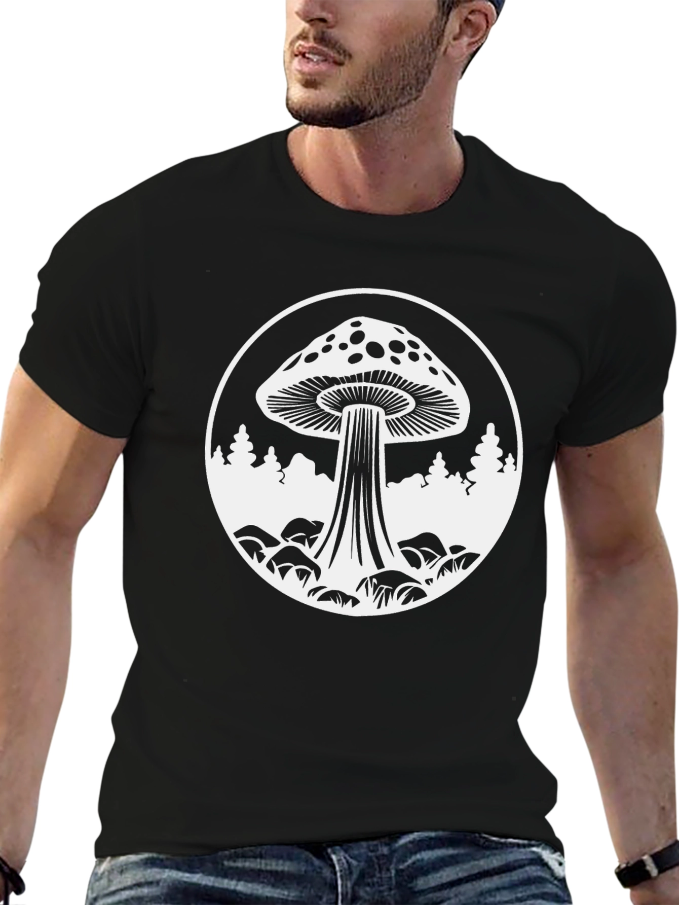 Mushroom Graphic Tee - Black Cotton Crew Neck T-Shirt