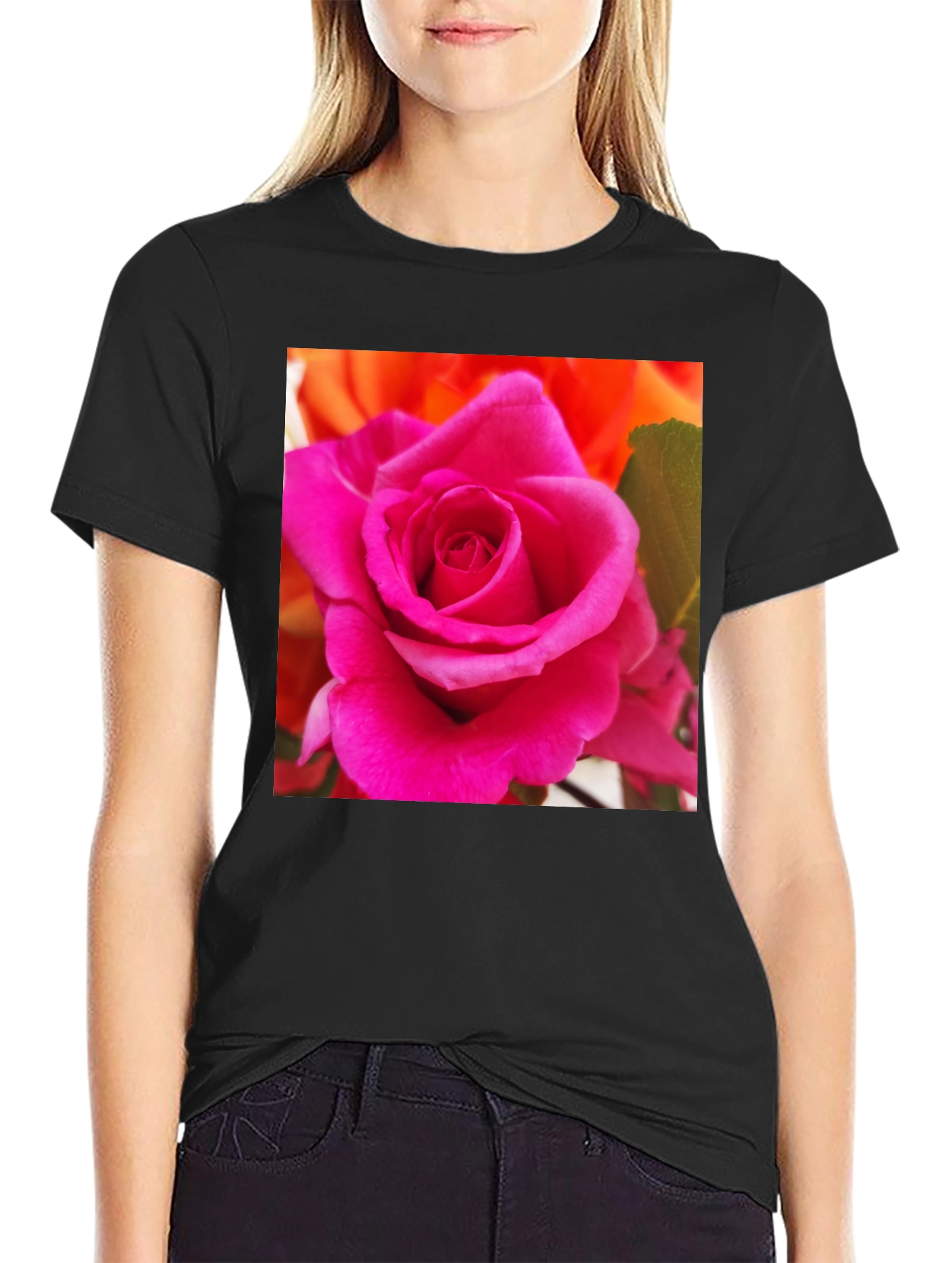 Floral Rose Graphic Tee - Modern Black T-Shirt