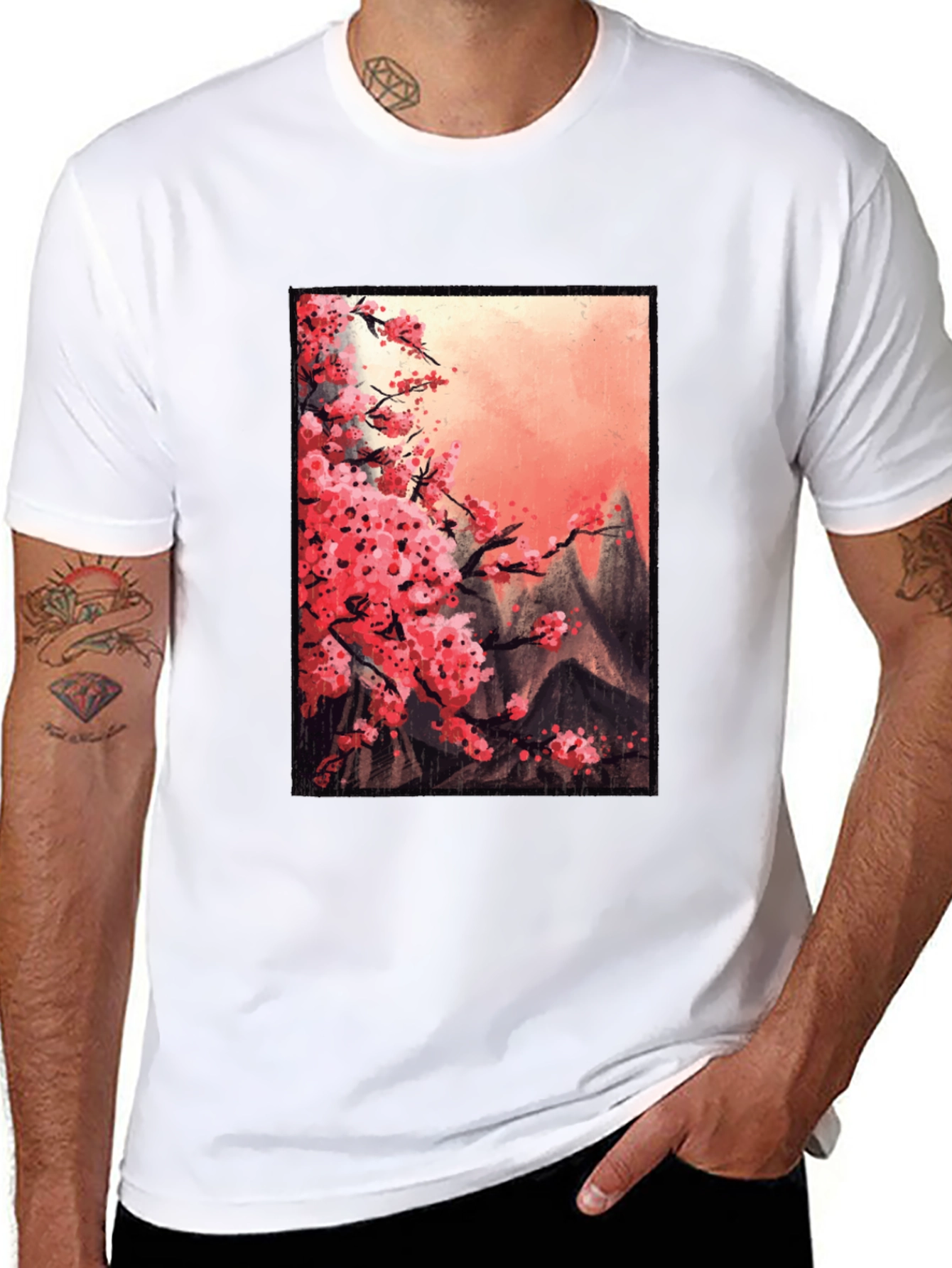 Cherry Blossom Mountain Scene Graphic Tee