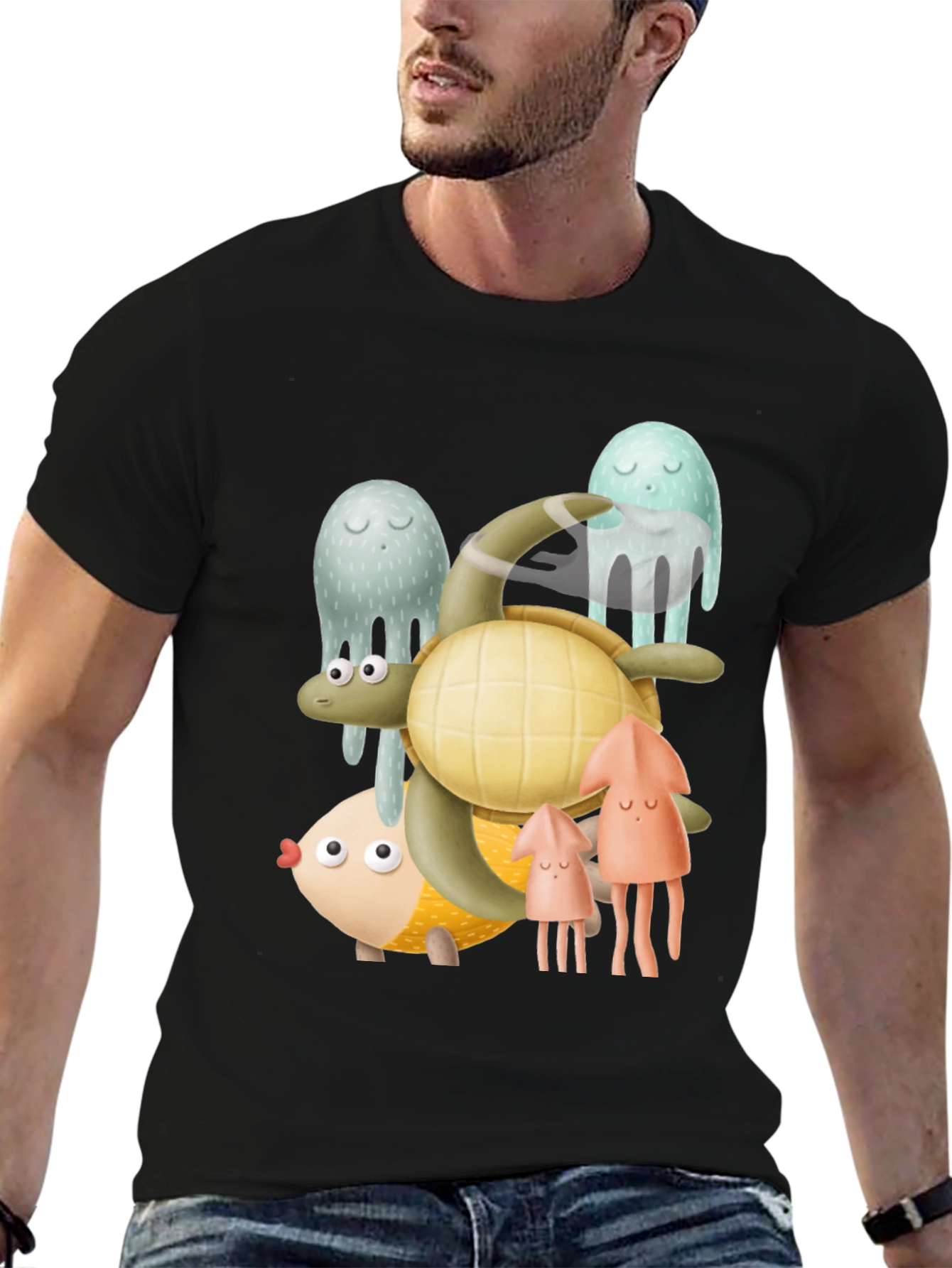 Sea Life Graphic Tee - Black Cotton T-Shirt