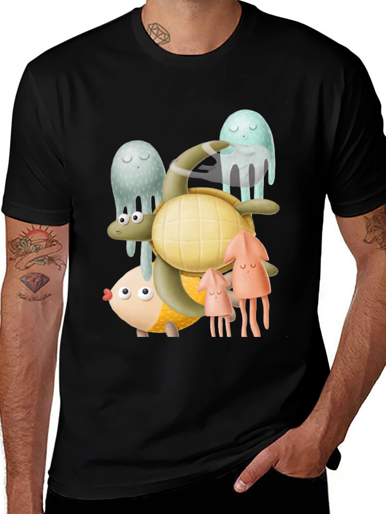 Sea Life Graphic Tee - Black Cotton T-Shirt