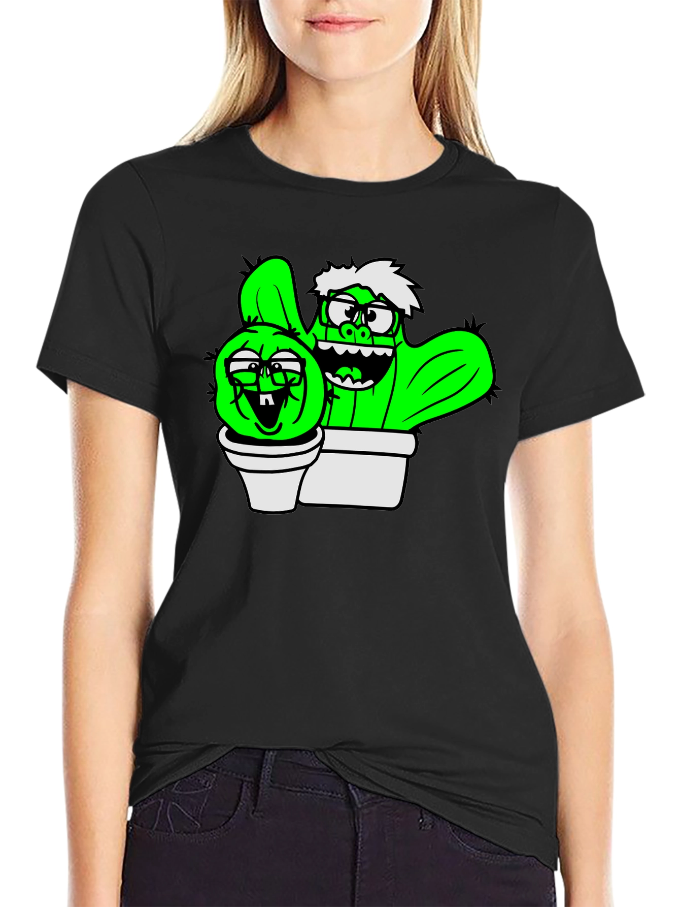 Cactus Cartoon Graphic Black T-Shirt