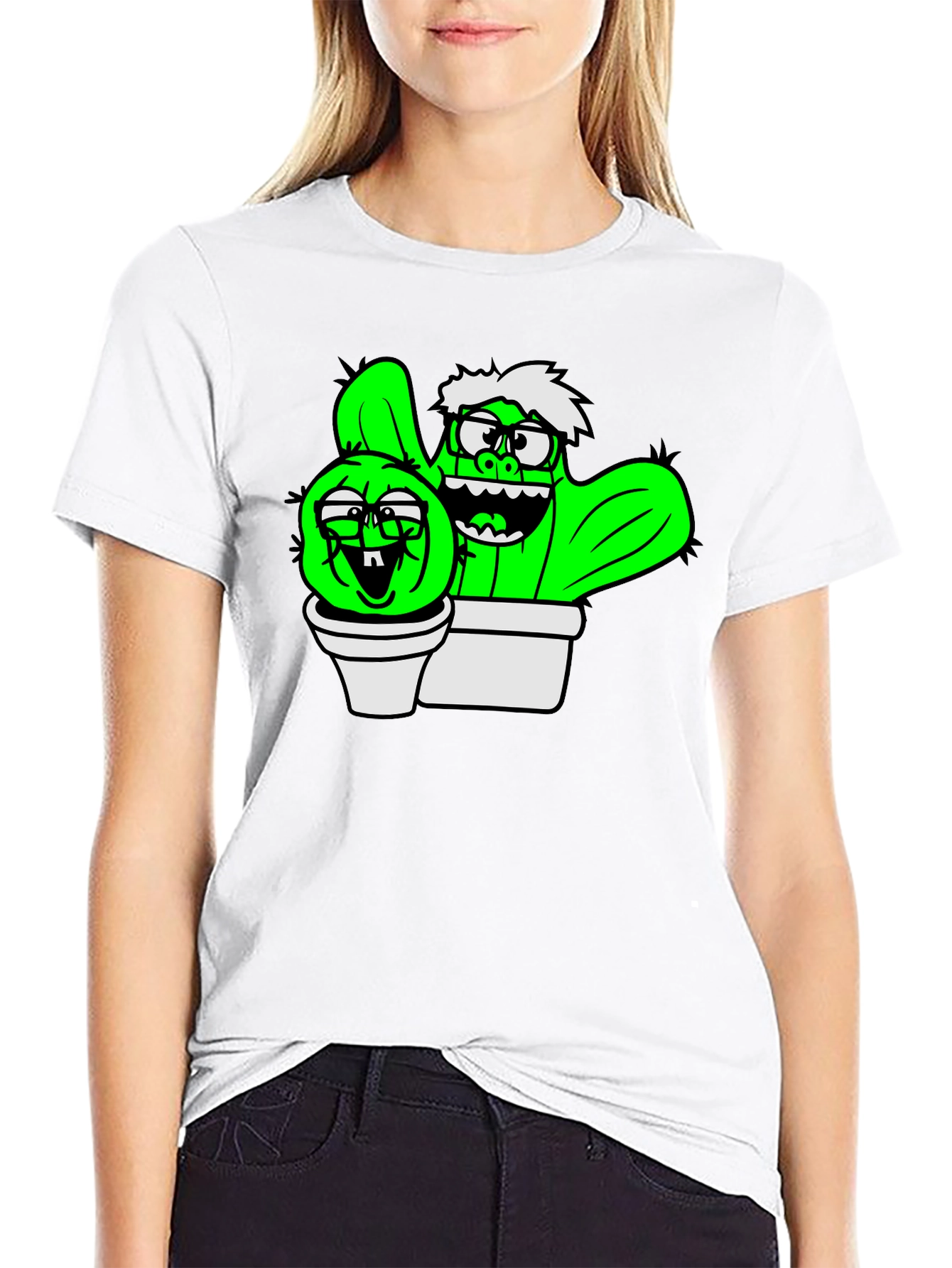 Cactus Cartoon Graphic Black T-Shirt