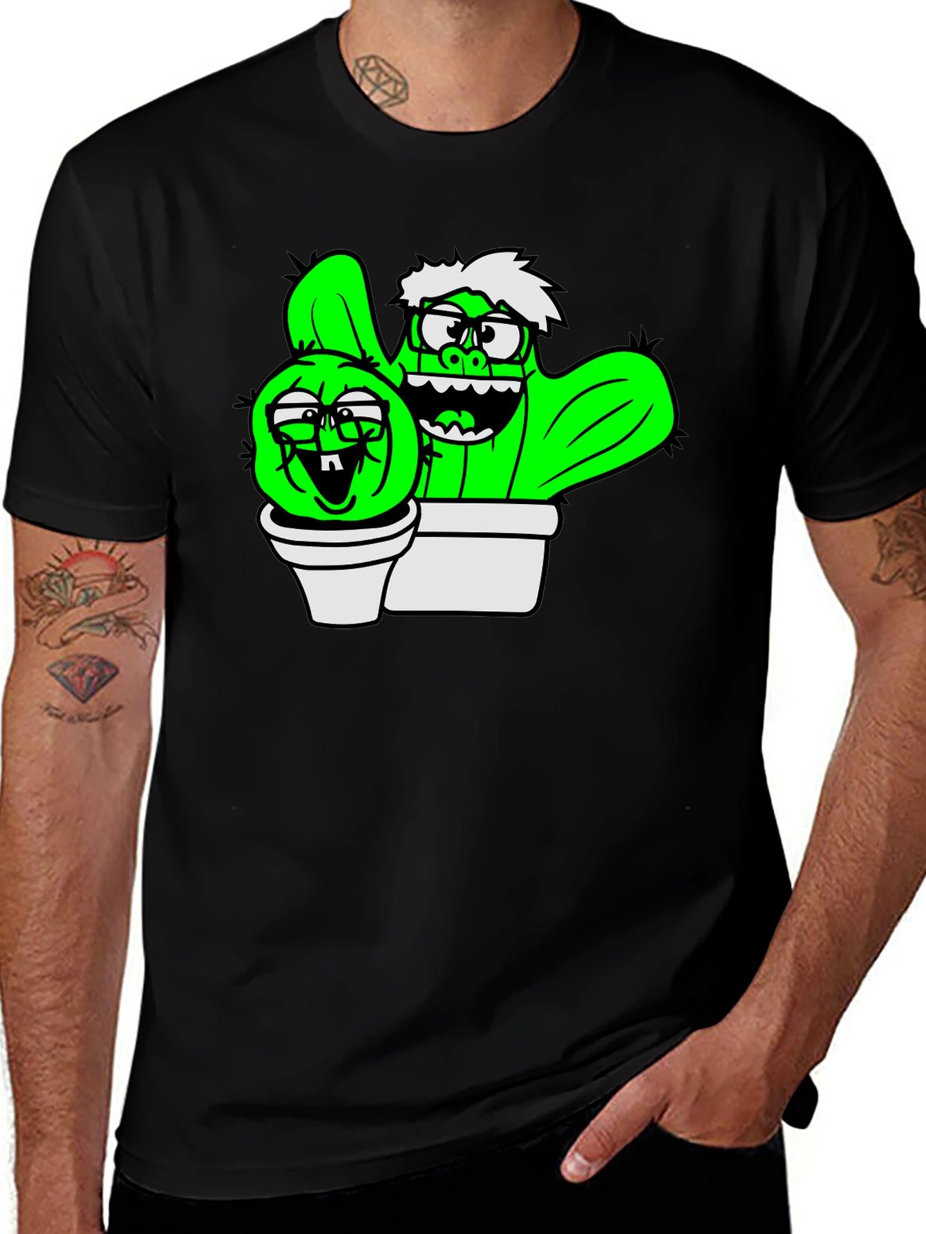 Cactus Cartoon Graphic Black T-Shirt