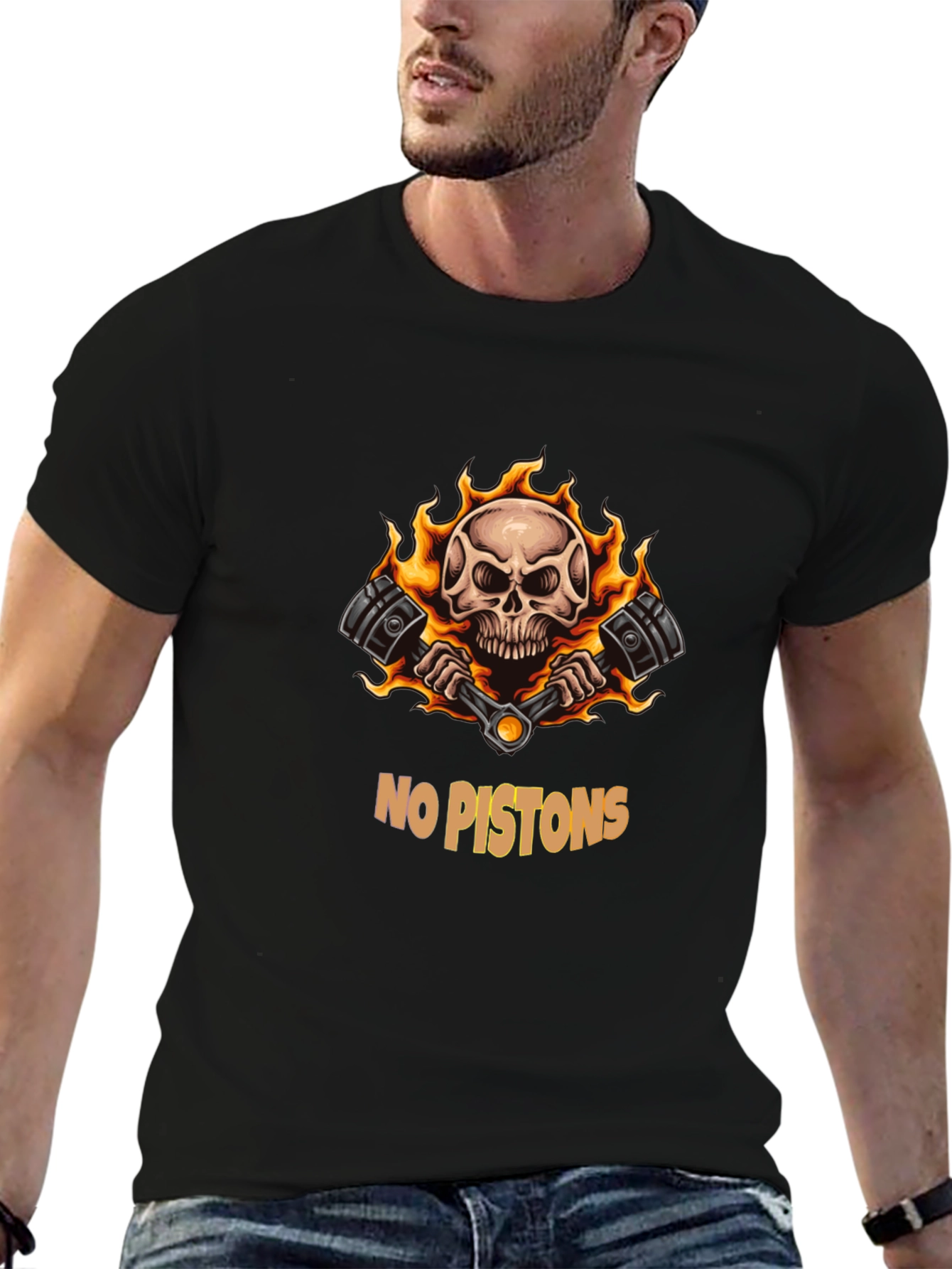 Skull & Pistons Graphic Tee - Black Cotton Blend