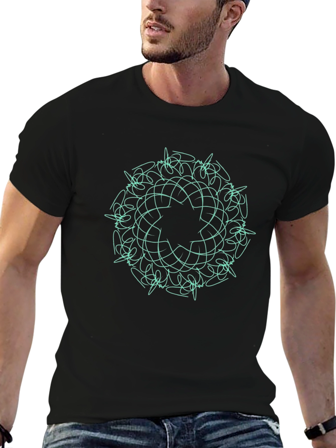 Black T-Shirt with Teal Geometric Mandala Design