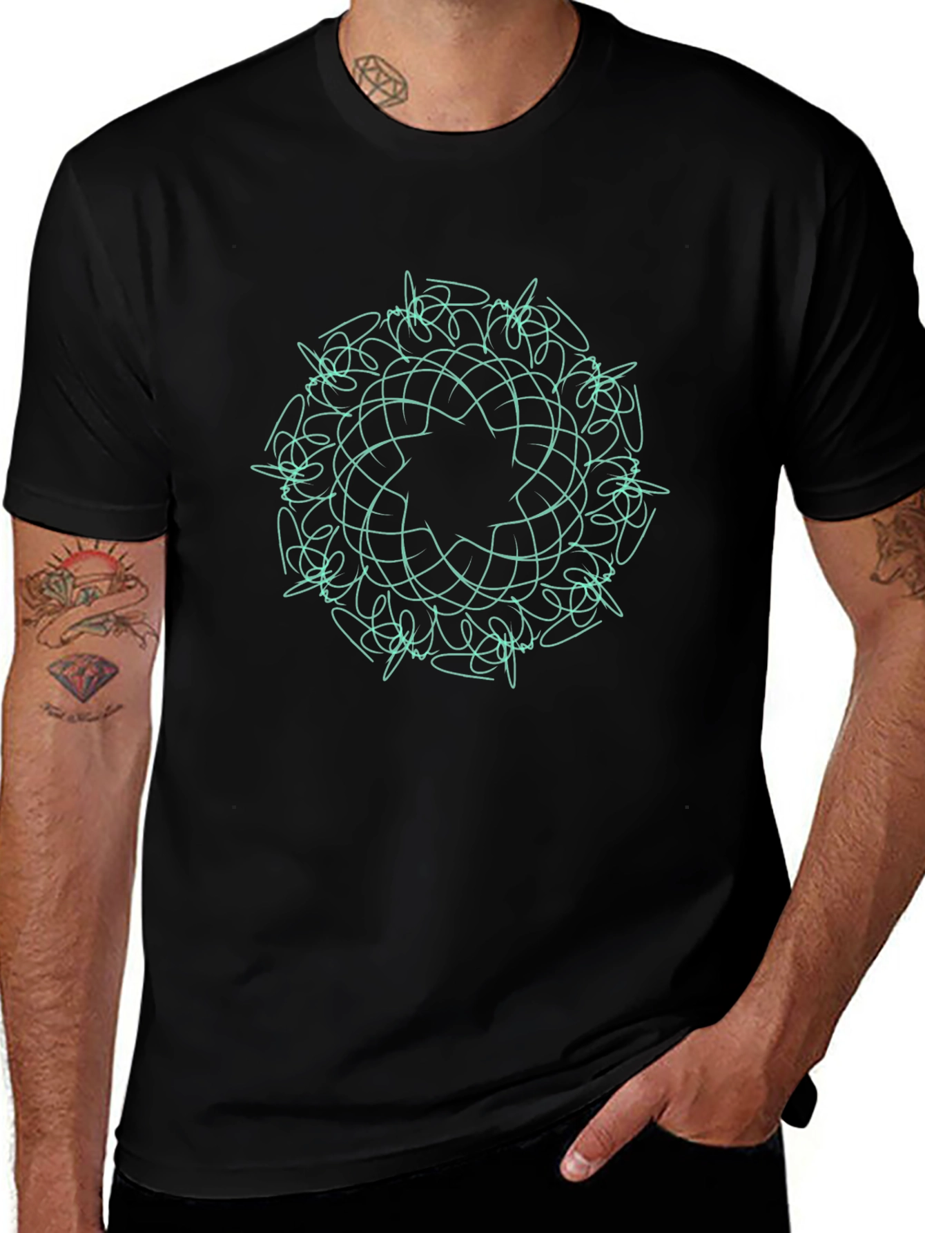 Black T-Shirt with Teal Geometric Mandala Design