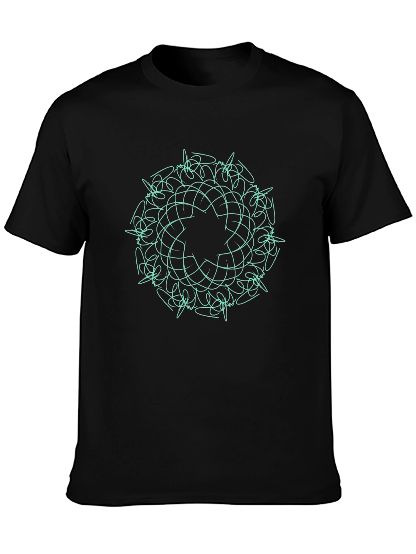 Black T-Shirt with Teal Geometric Mandala Design