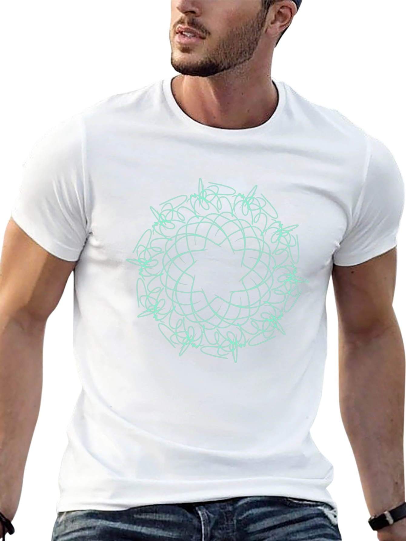 Black T-Shirt with Teal Geometric Mandala Design
