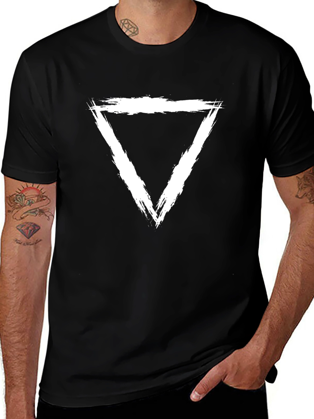 Mens Black T-Shirt with Distressed Triangle Graphic