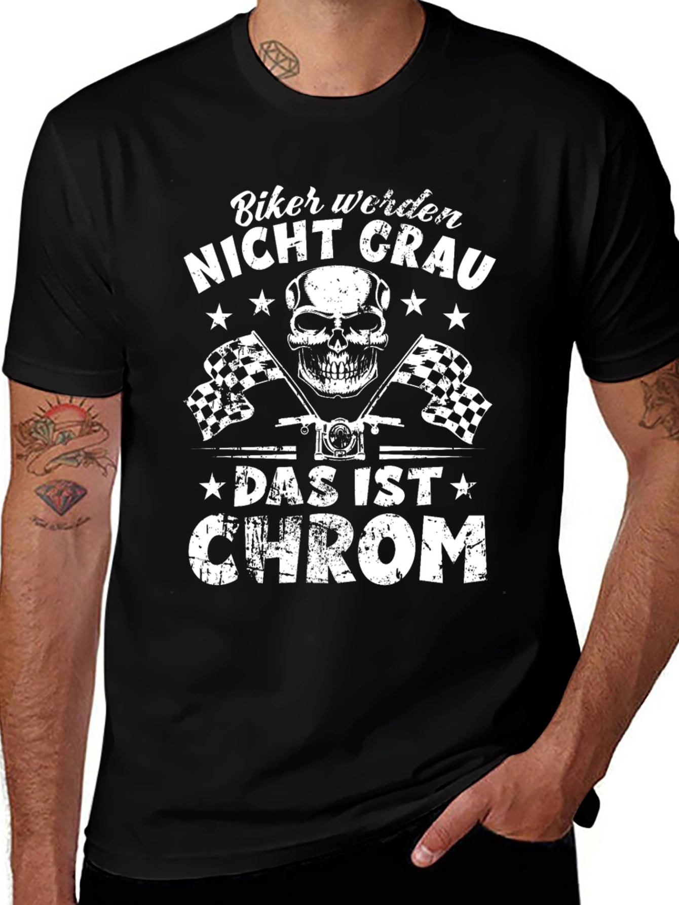 Biker Nicht Grau T-Shirt - Skull & Checkered Flags