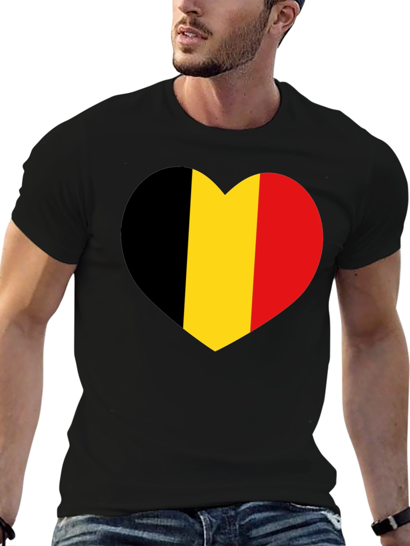 Belgium Flag Heart Graphic Tee - Black Cotton Shirt