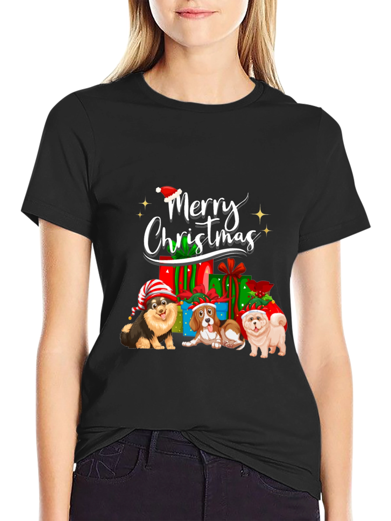 Merry Christmas Dogs Black T-Shirt