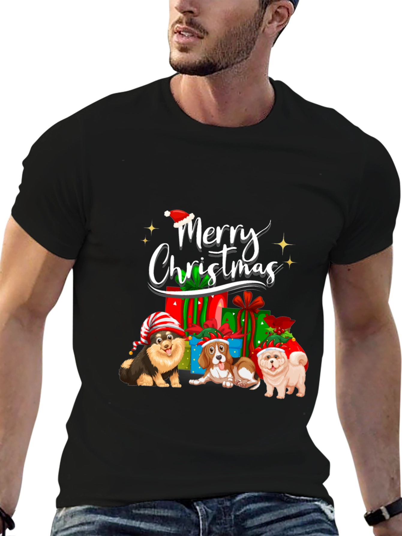 Merry Christmas Dogs Black T-Shirt