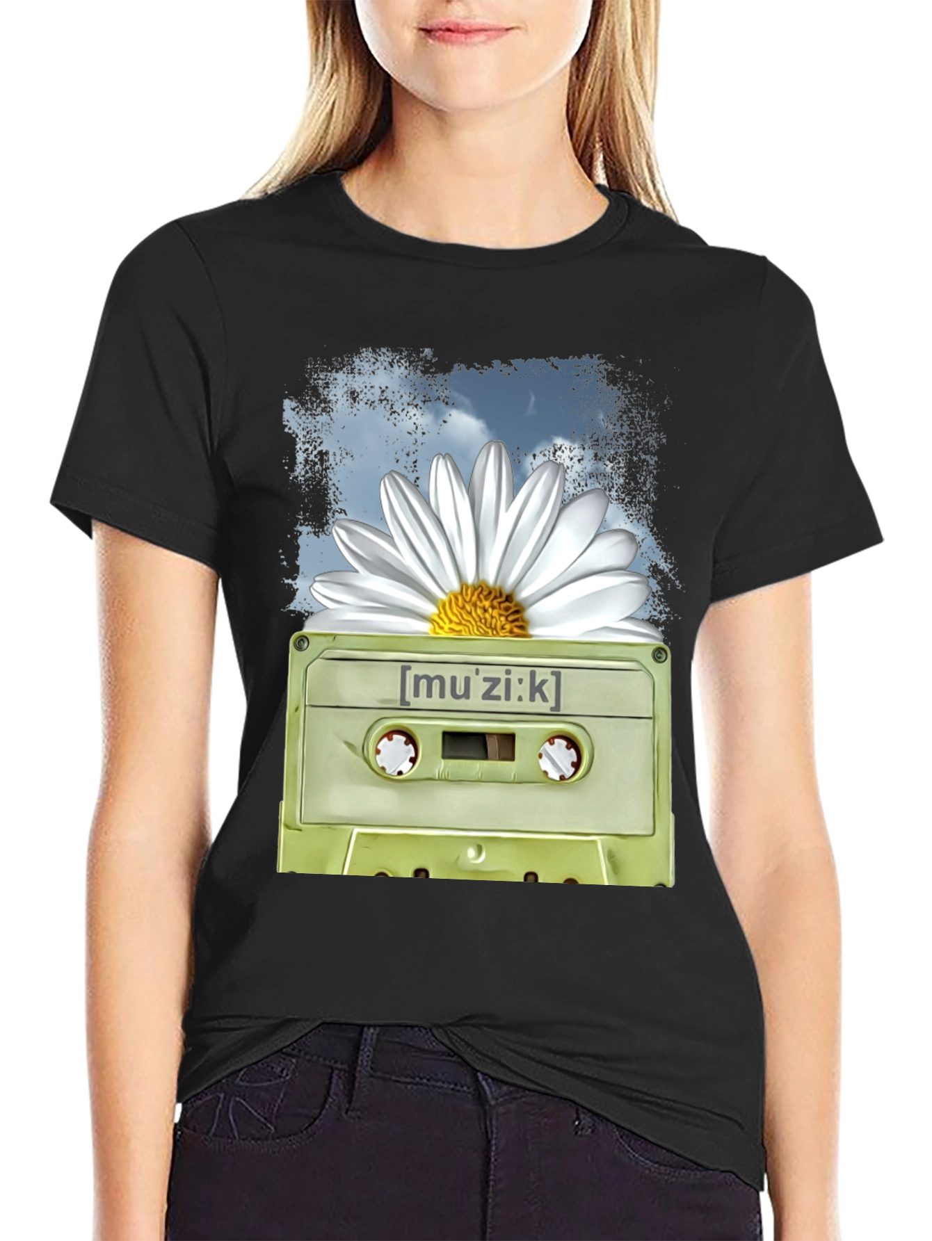 Retro Music Cassette and Daisy Graphic T-Shirt