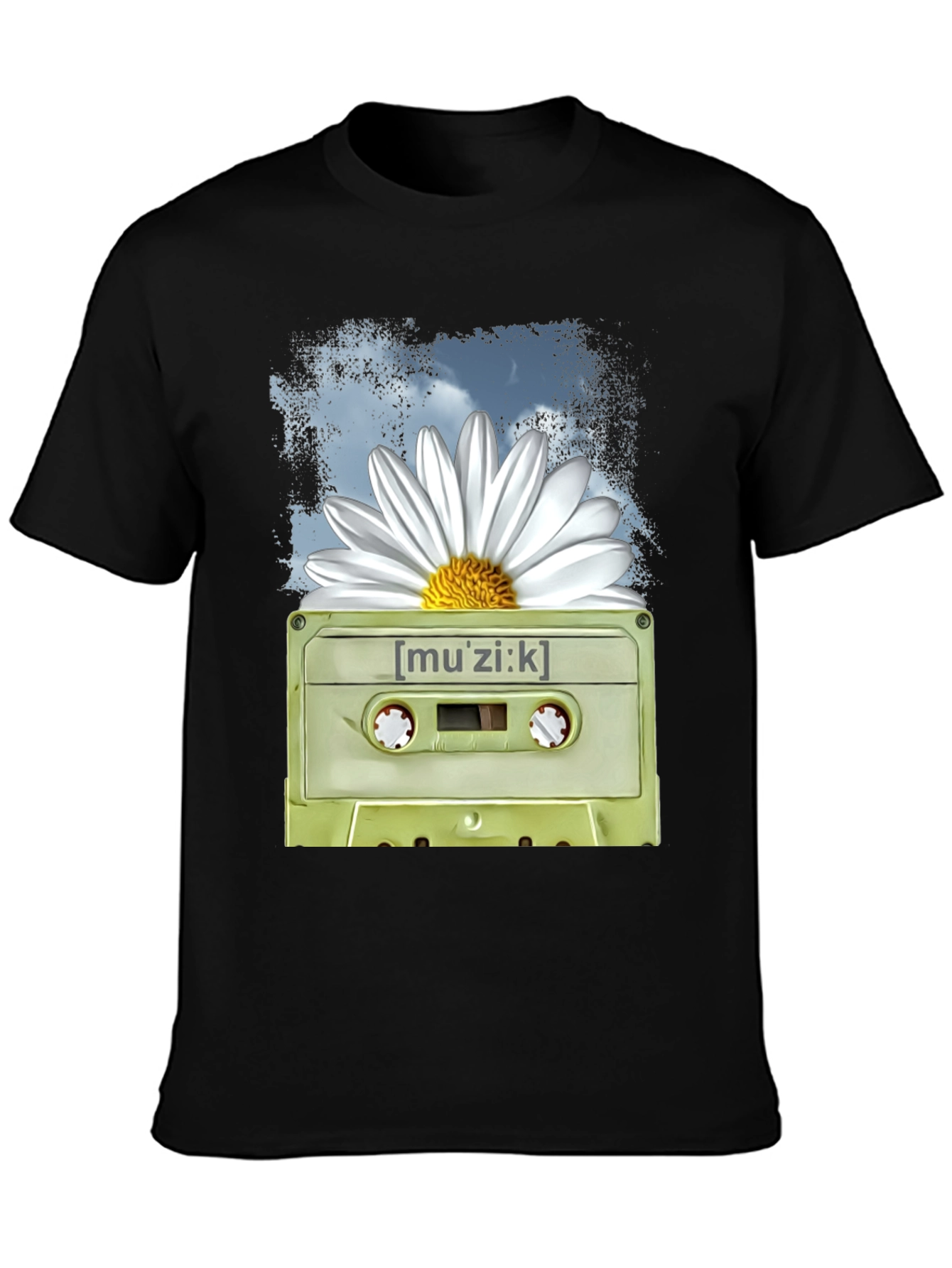 Retro Music Cassette and Daisy Graphic T-Shirt