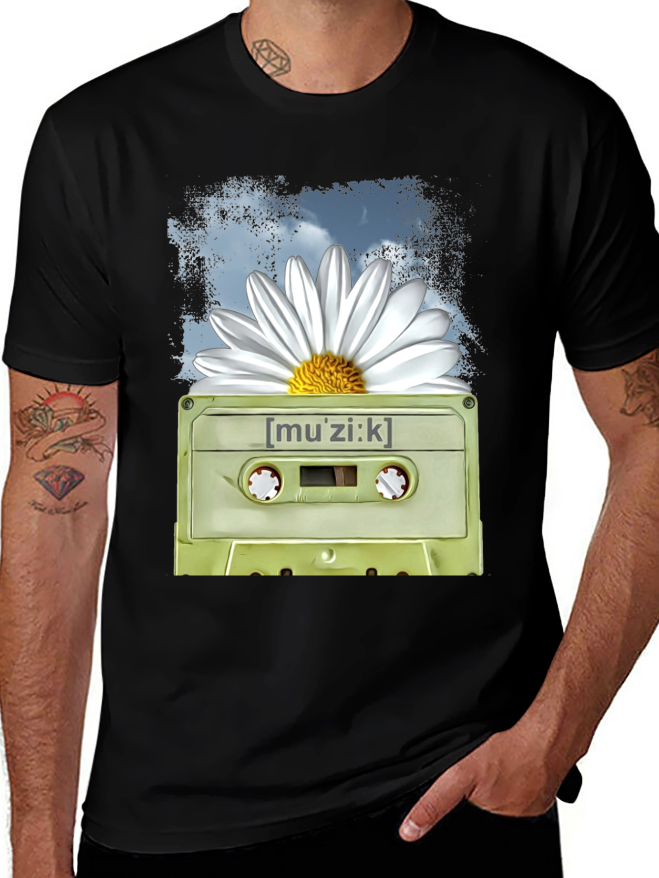 Retro Music Cassette and Daisy Graphic T-Shirt