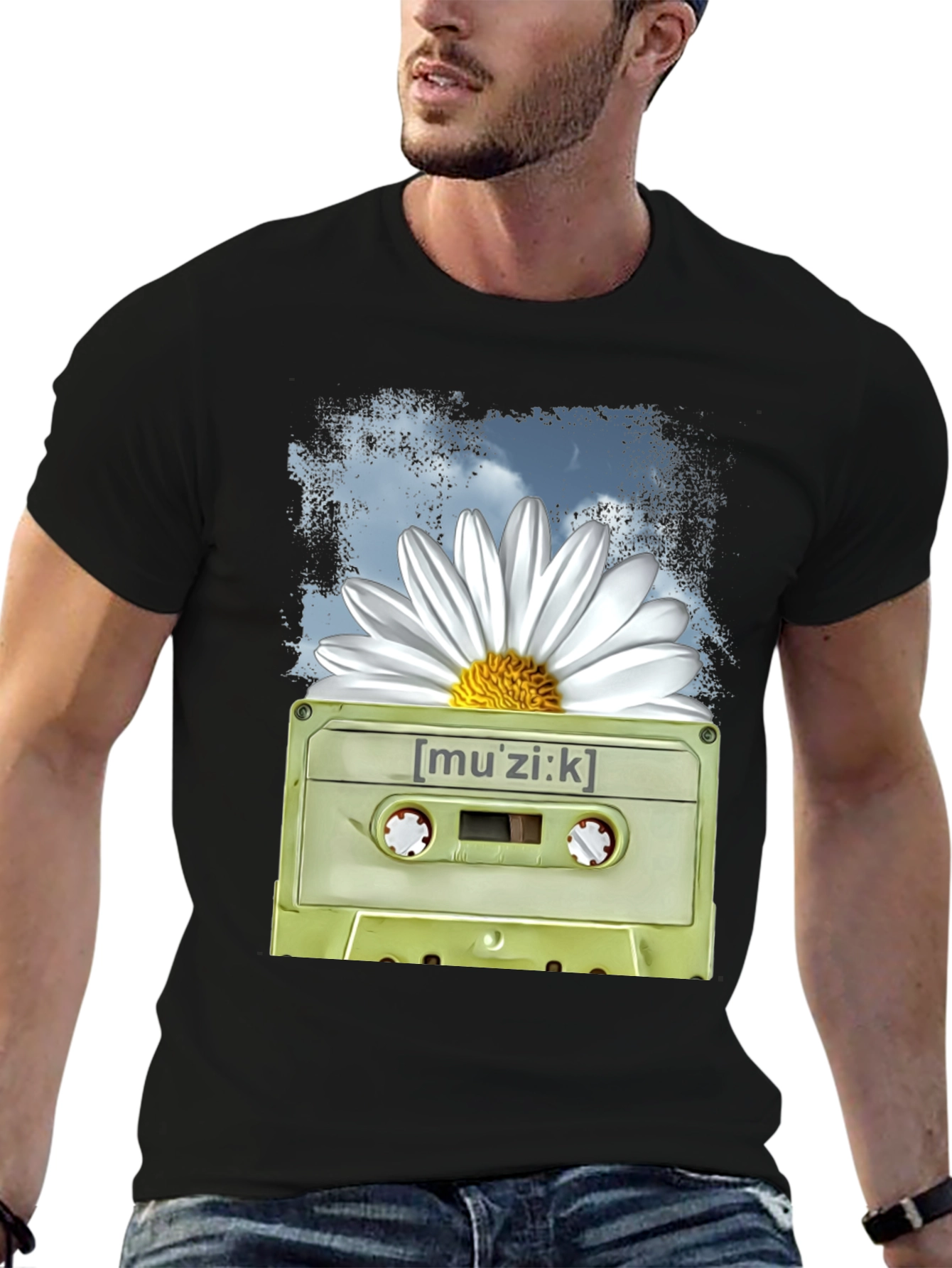 Retro Music Cassette and Daisy Graphic T-Shirt