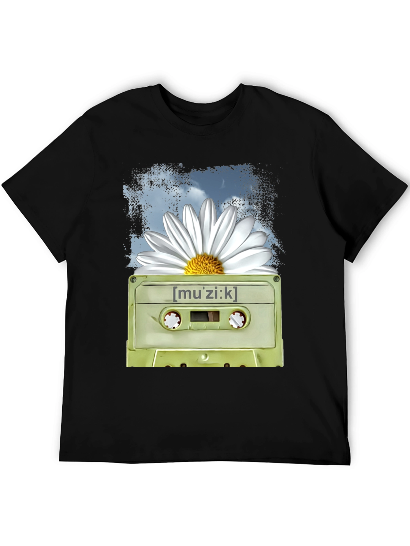 Retro Music Cassette and Daisy Graphic T-Shirt