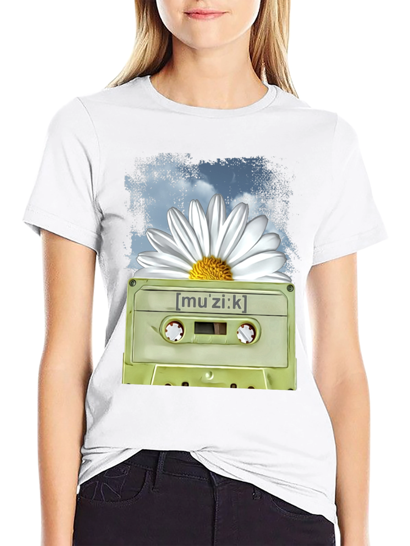 Retro Music Cassette and Daisy Graphic T-Shirt