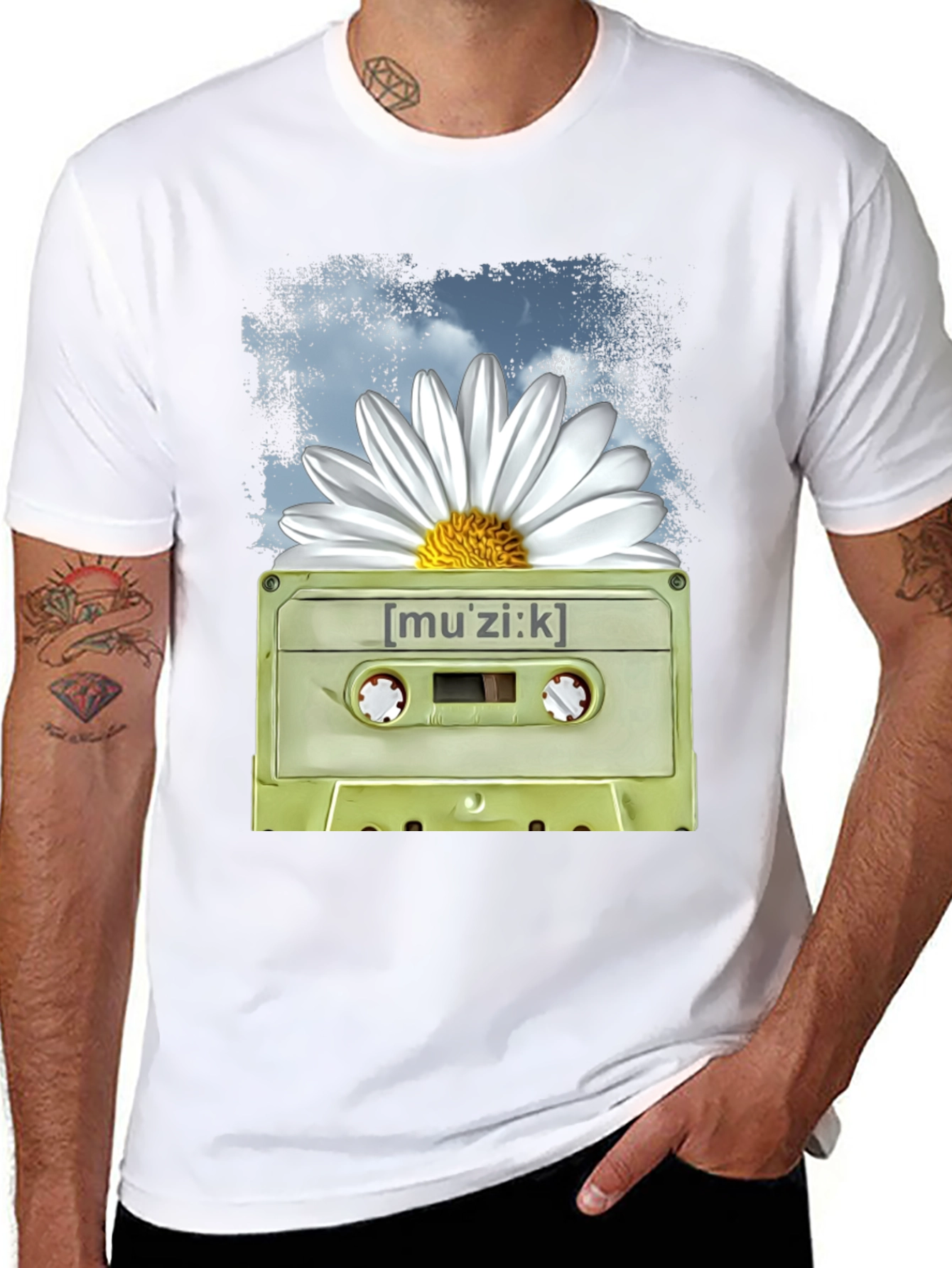 Retro Music Cassette and Daisy Graphic T-Shirt