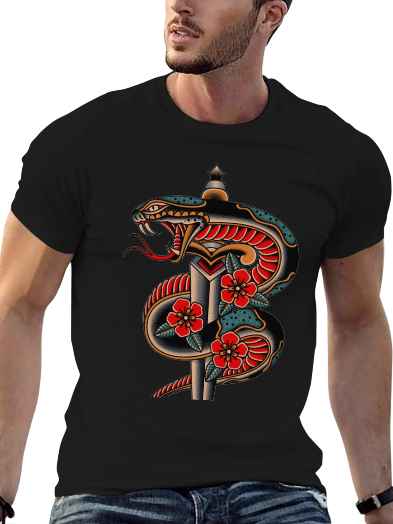 Snake & Dagger Graphic Tee - Classic Tattoo Design
