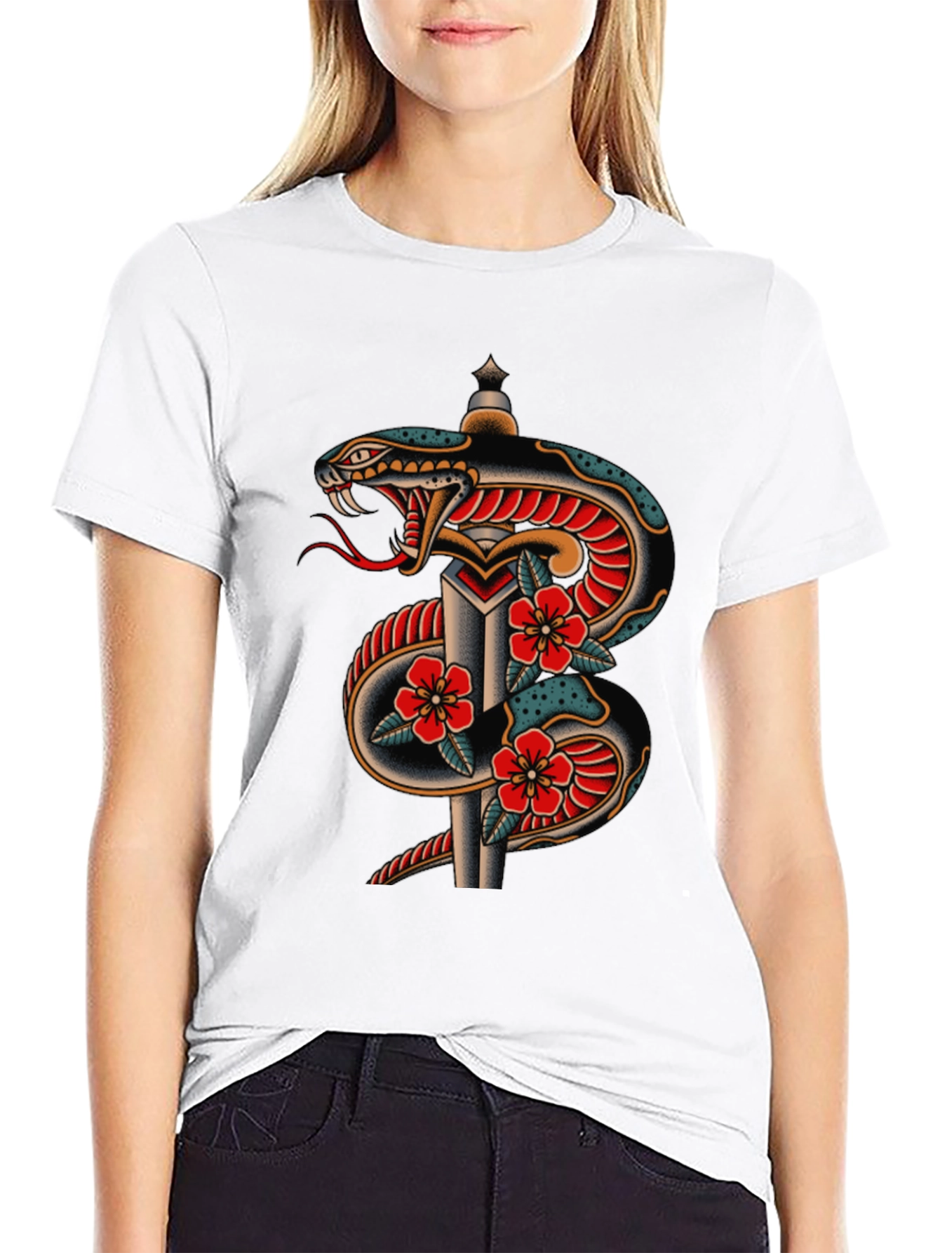 Snake & Dagger Graphic Tee - Classic Tattoo Design