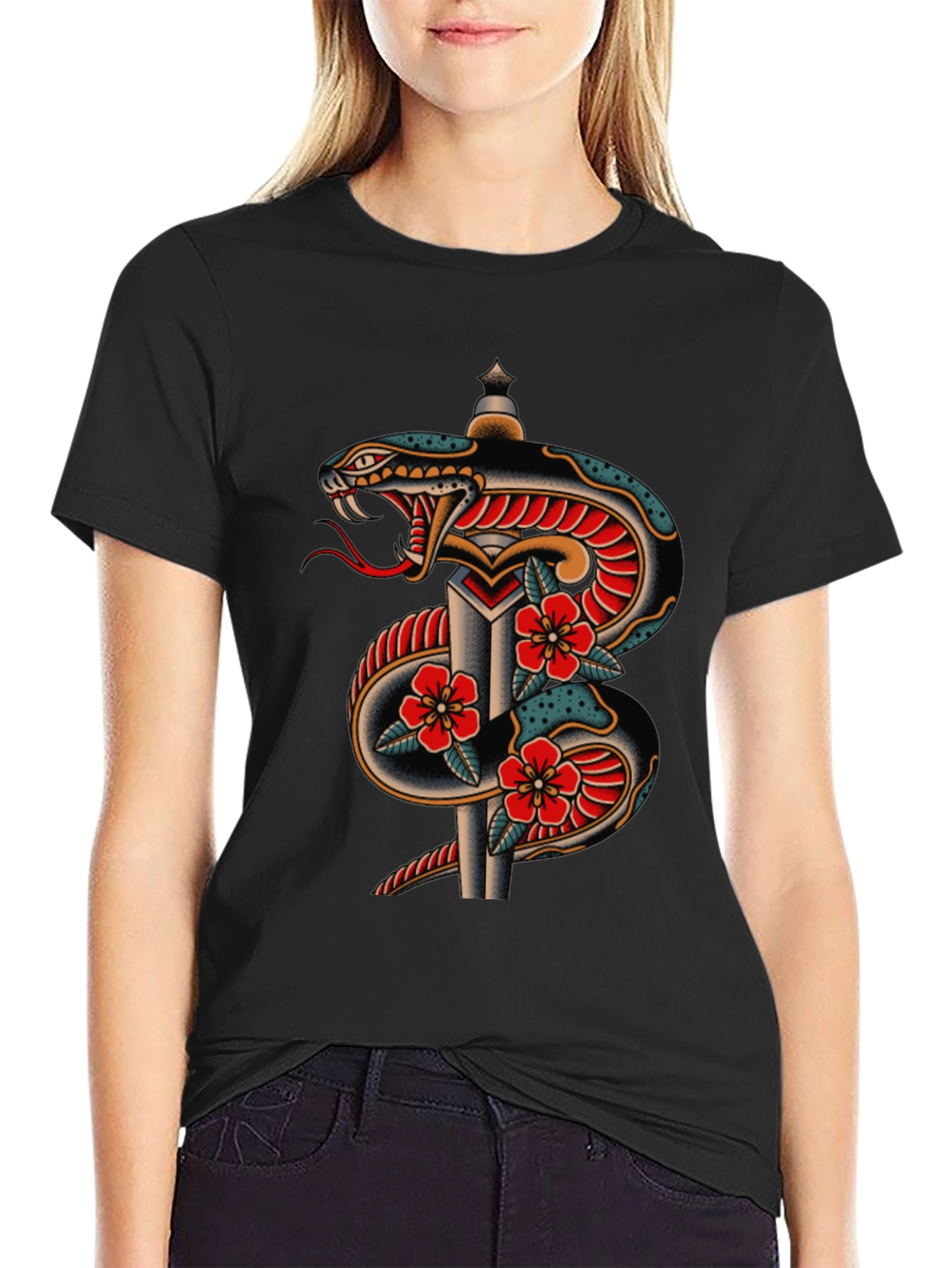 Snake & Dagger Graphic Tee - Classic Tattoo Design