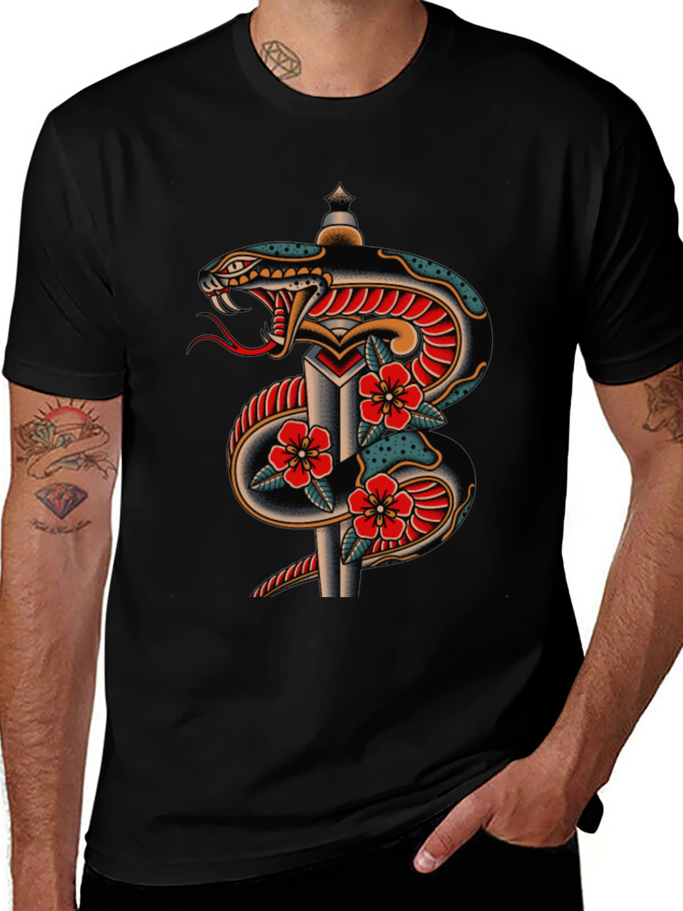 Snake & Dagger Graphic Tee - Classic Tattoo Design