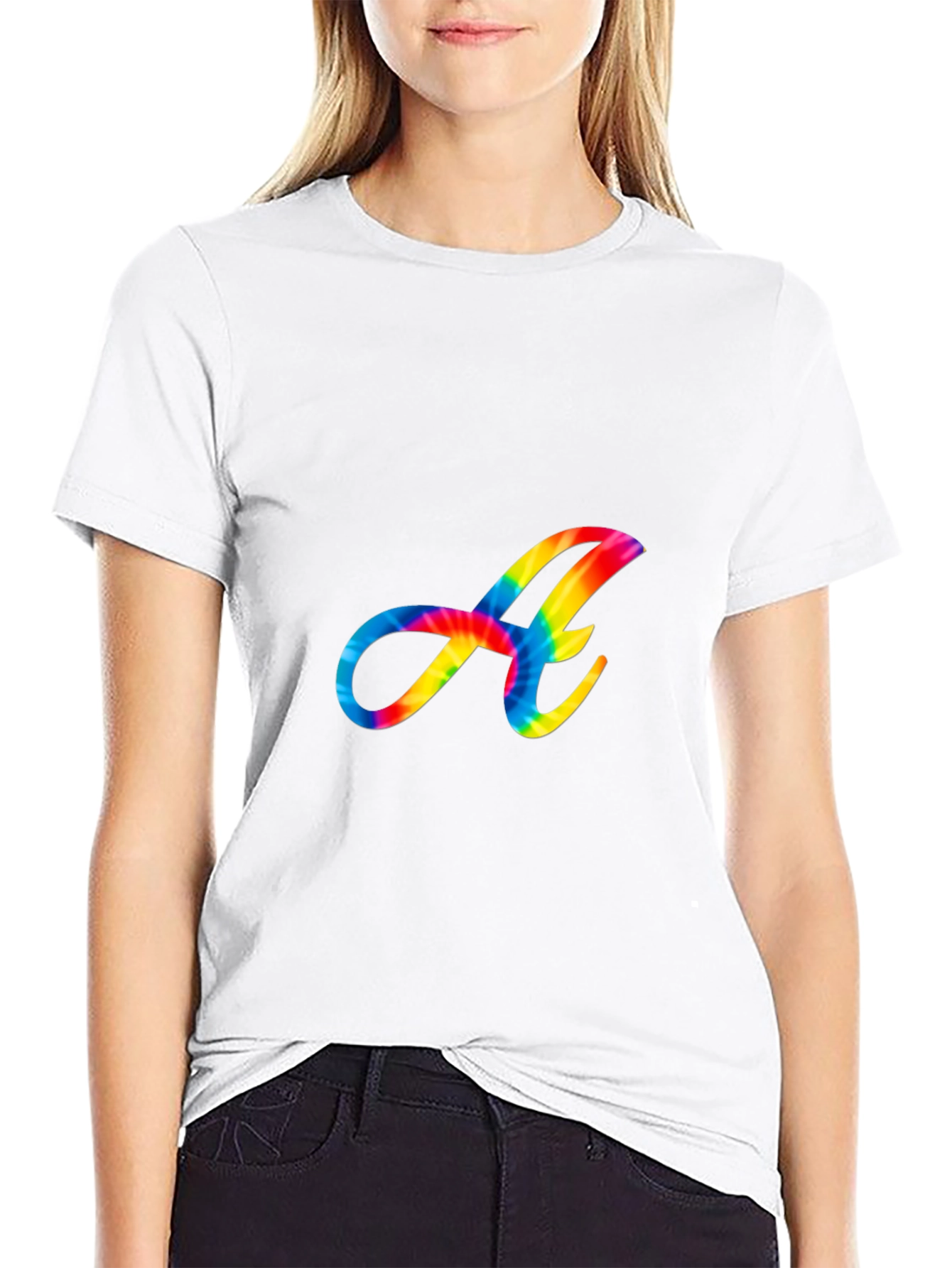 Rainbow Tie-Dye Letter A Graphic Black T-Shirt