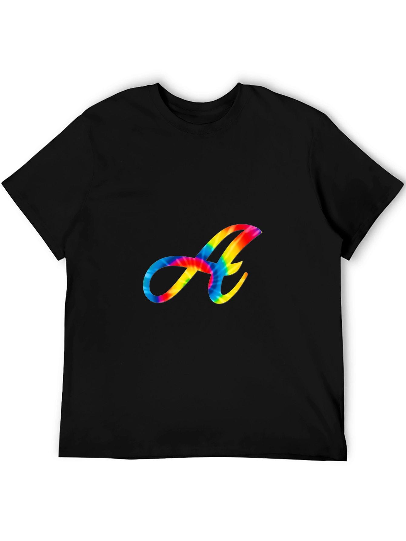 Rainbow Tie-Dye Letter A Graphic Black T-Shirt