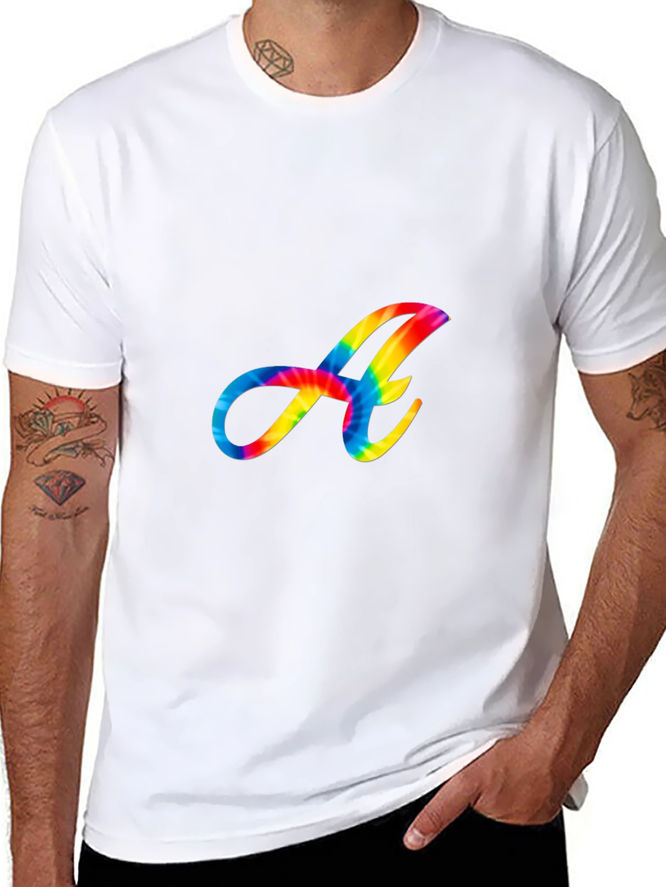 Rainbow Tie-Dye Letter A Graphic Black T-Shirt