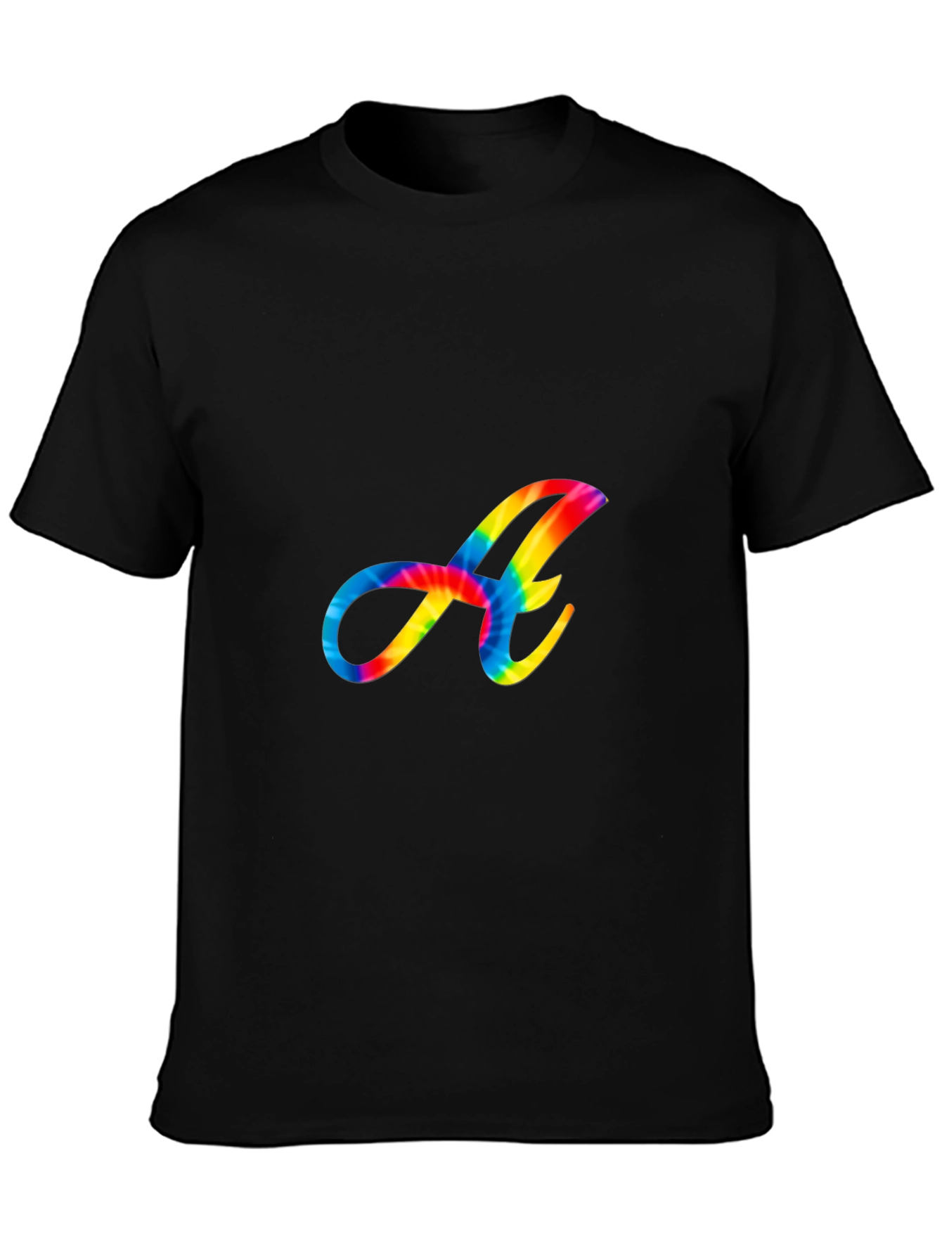 Rainbow Tie-Dye Letter A Graphic Black T-Shirt