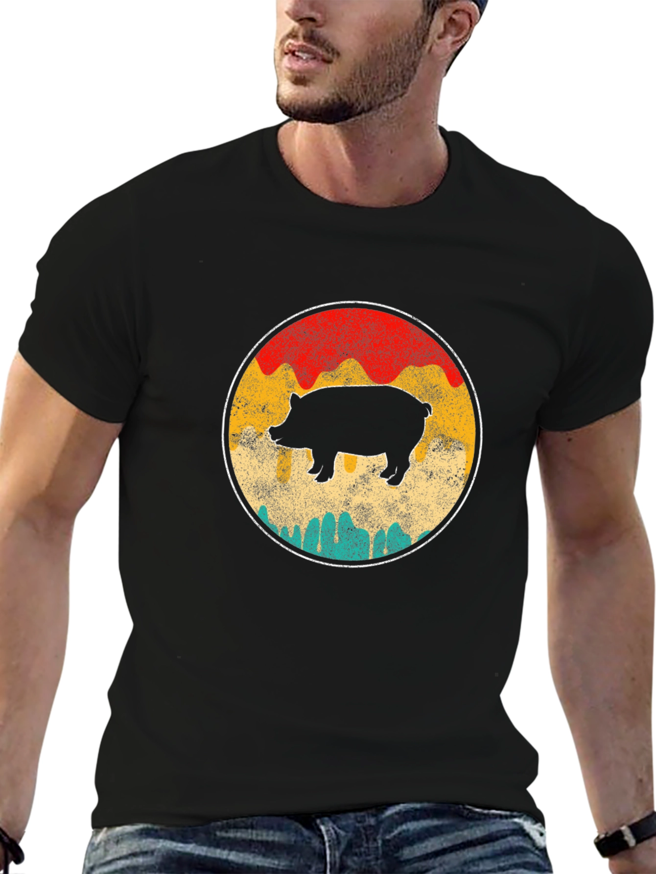 Retro Pig Graphic Tee - Black Crewneck