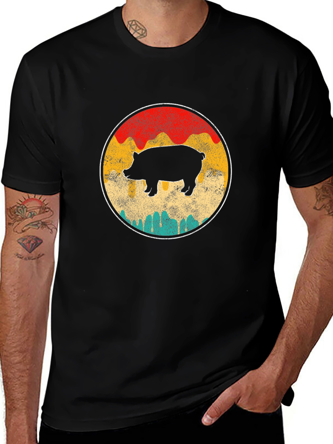 Retro Pig Graphic Tee - Black Crewneck