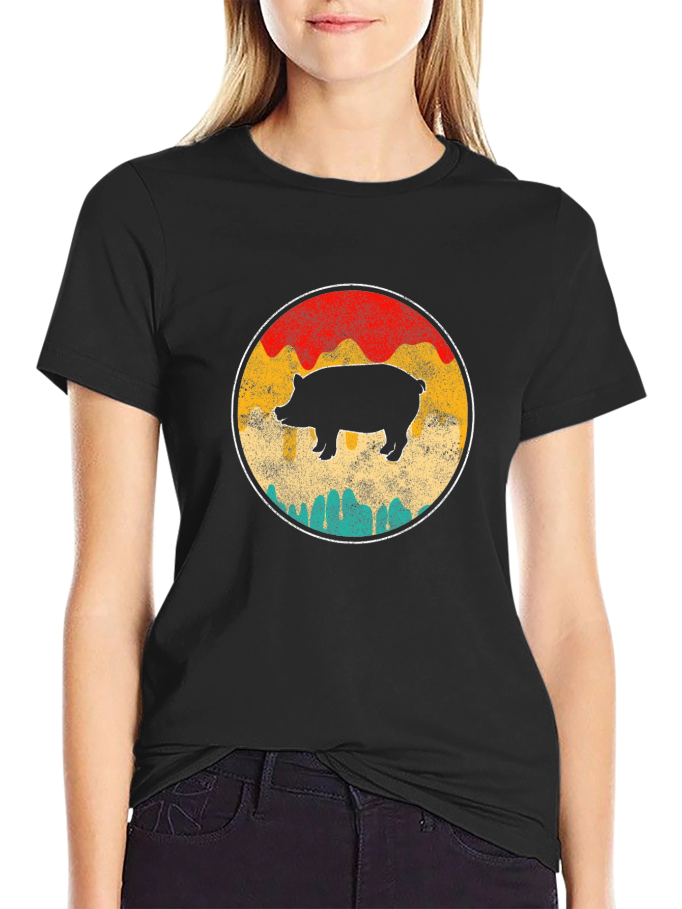 Retro Pig Graphic Tee - Black Crewneck