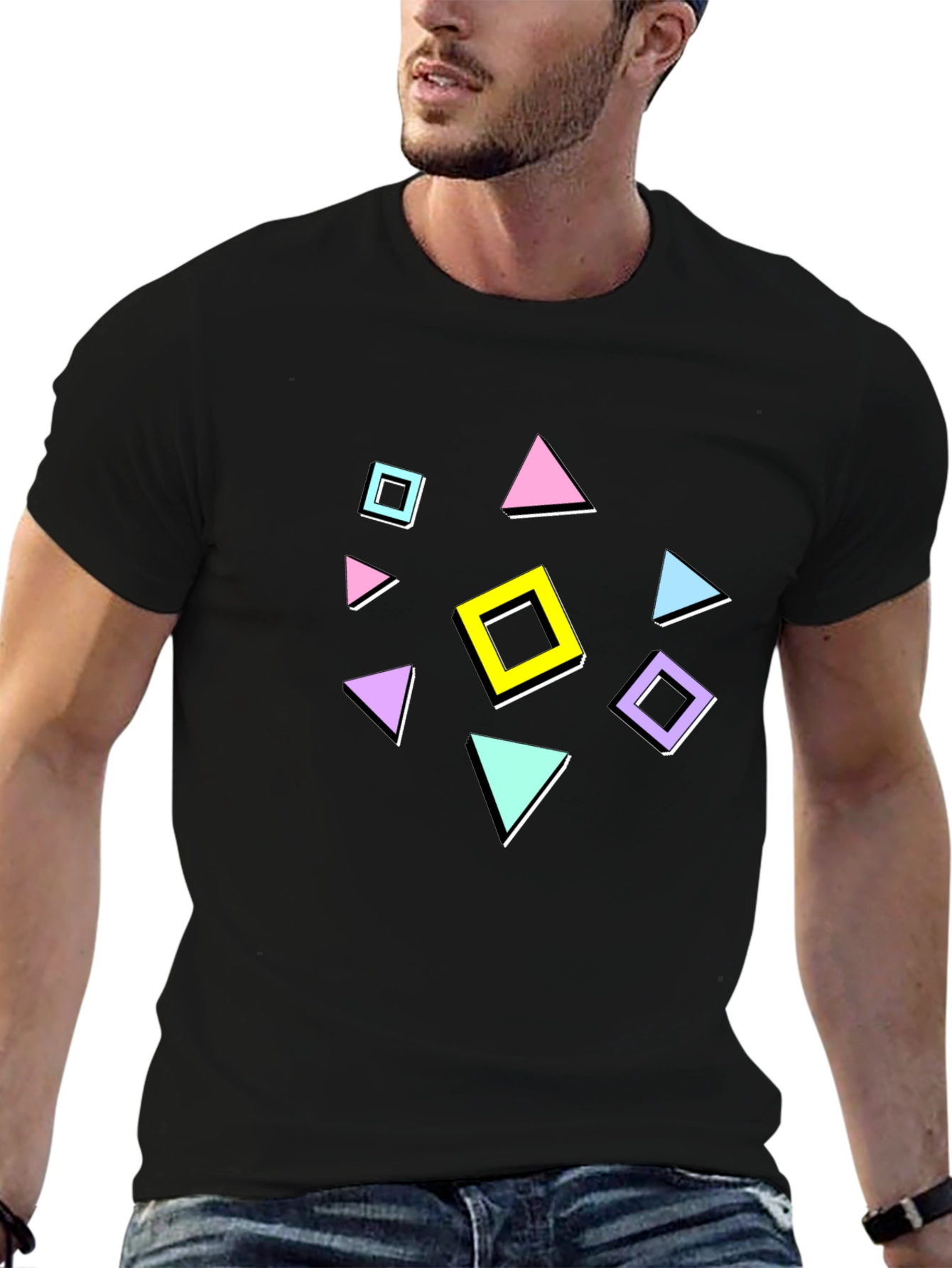 Retro Geometric Pattern T-Shirt - Black