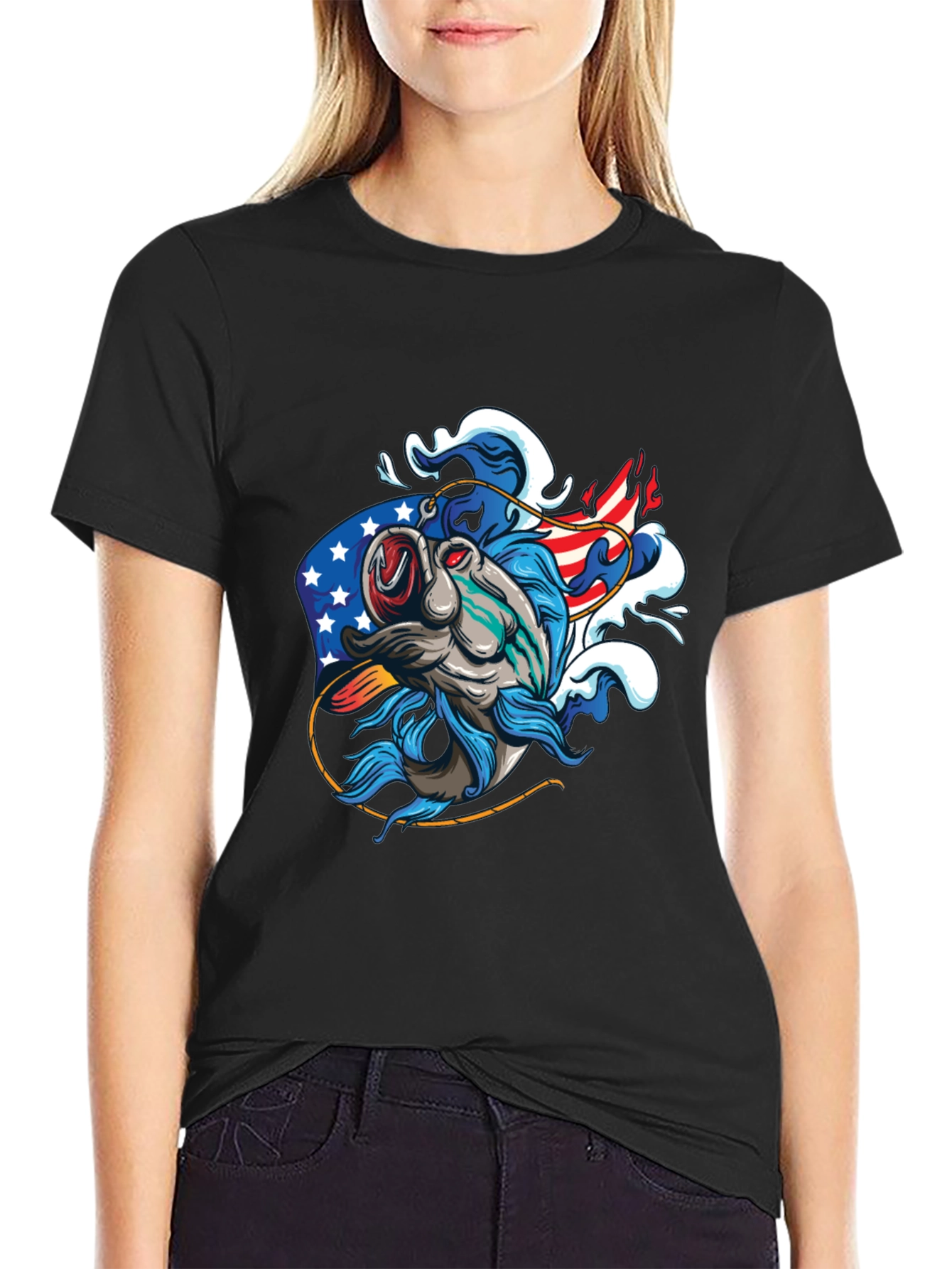 Patriotic Fish Graphic Tee - Black Cotton T-Shirt