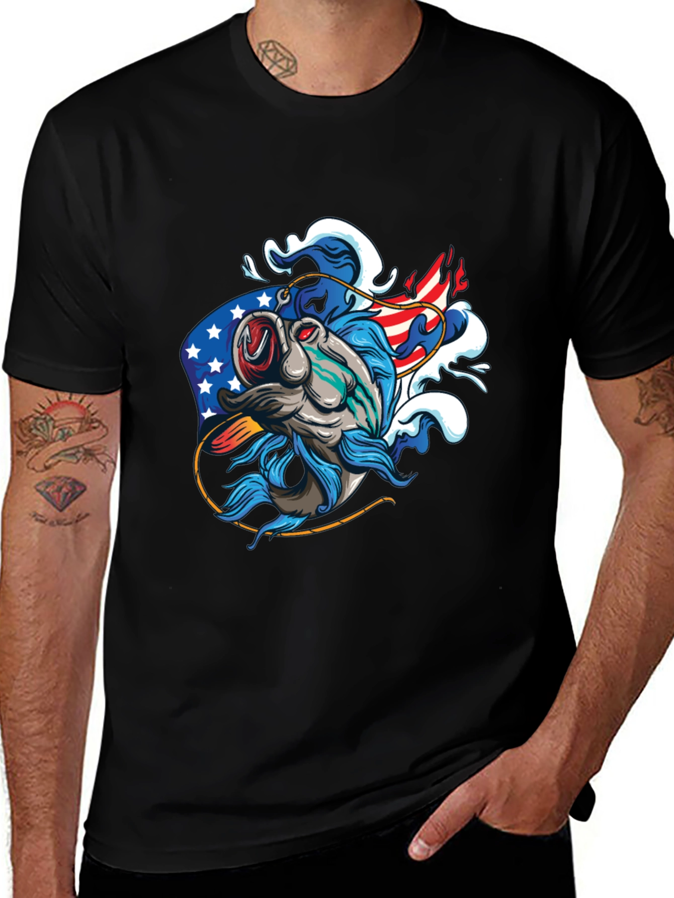 Patriotic Fish Graphic Tee - Black Cotton T-Shirt