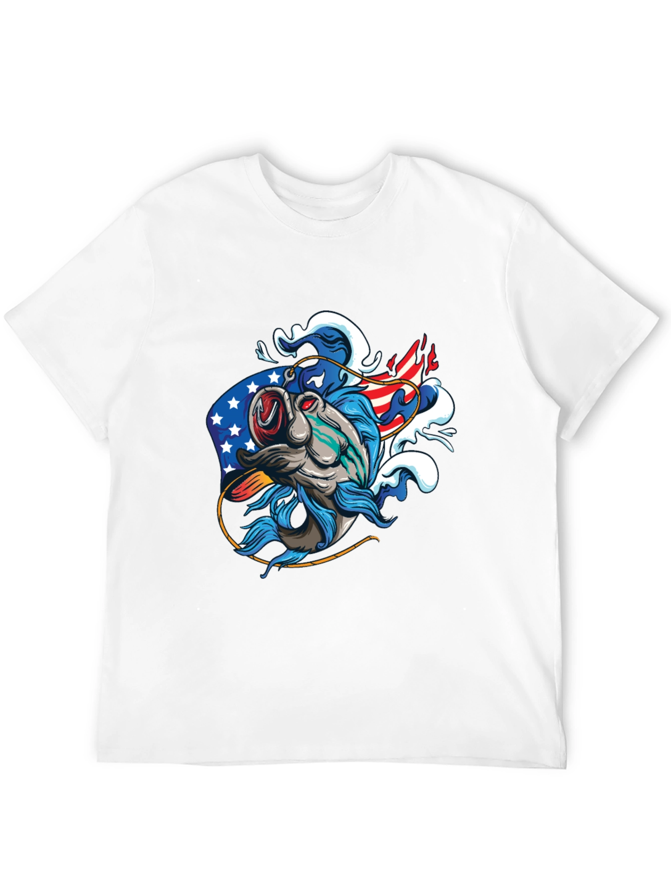 Patriotic Fish Graphic Tee - Black Cotton T-Shirt
