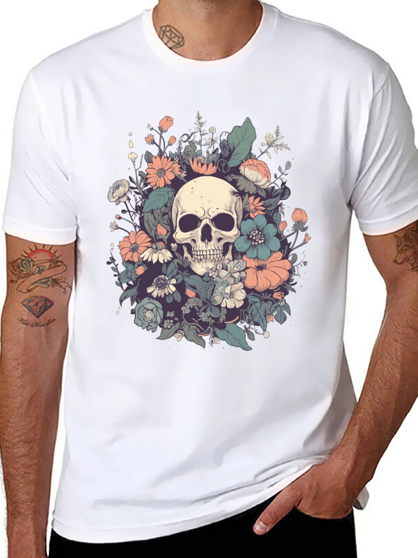 Skull & Floral Graphic Tee - Dark Style