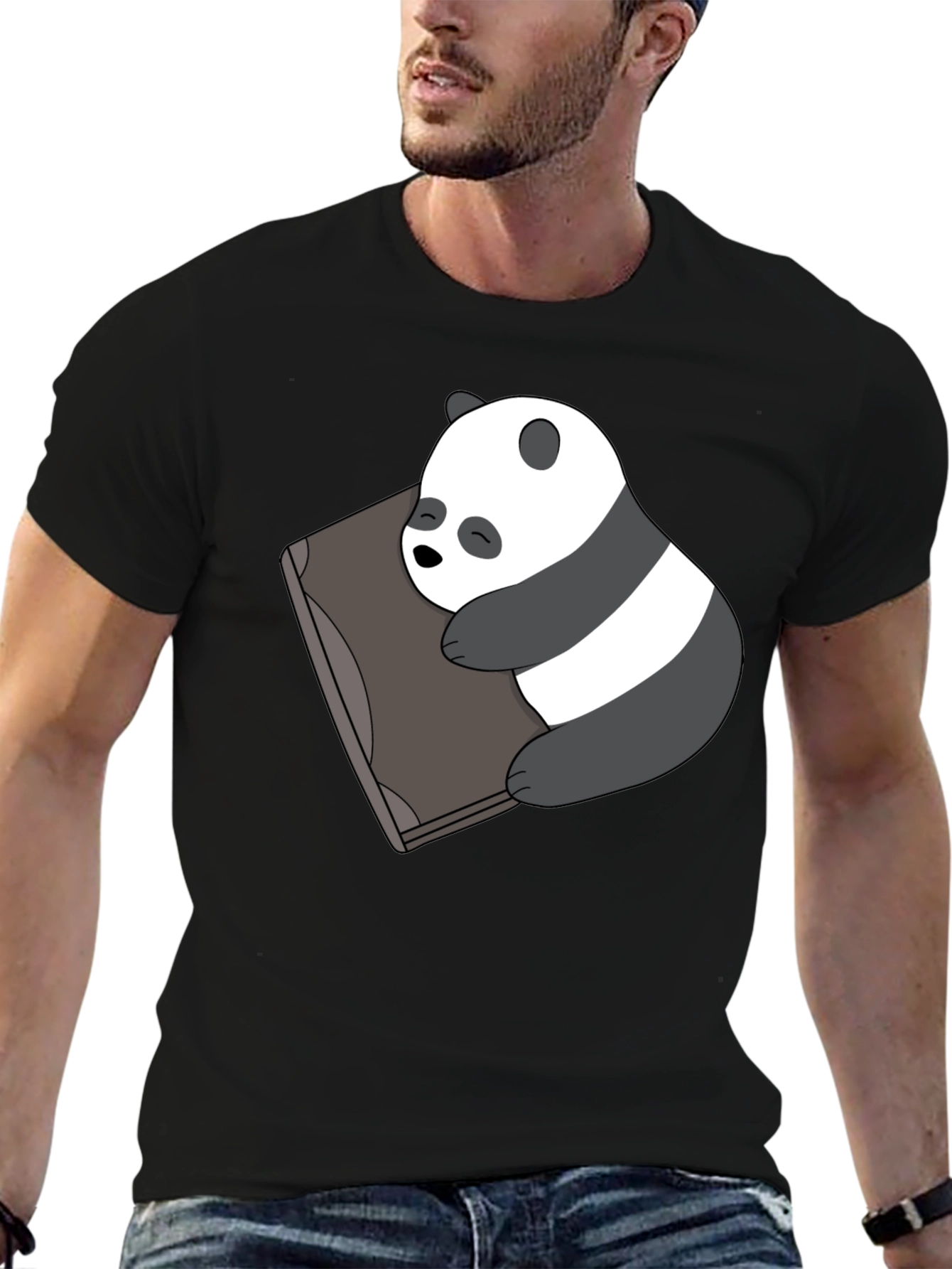 Cute Panda Bear Sleeping on Book Black T-Shirt