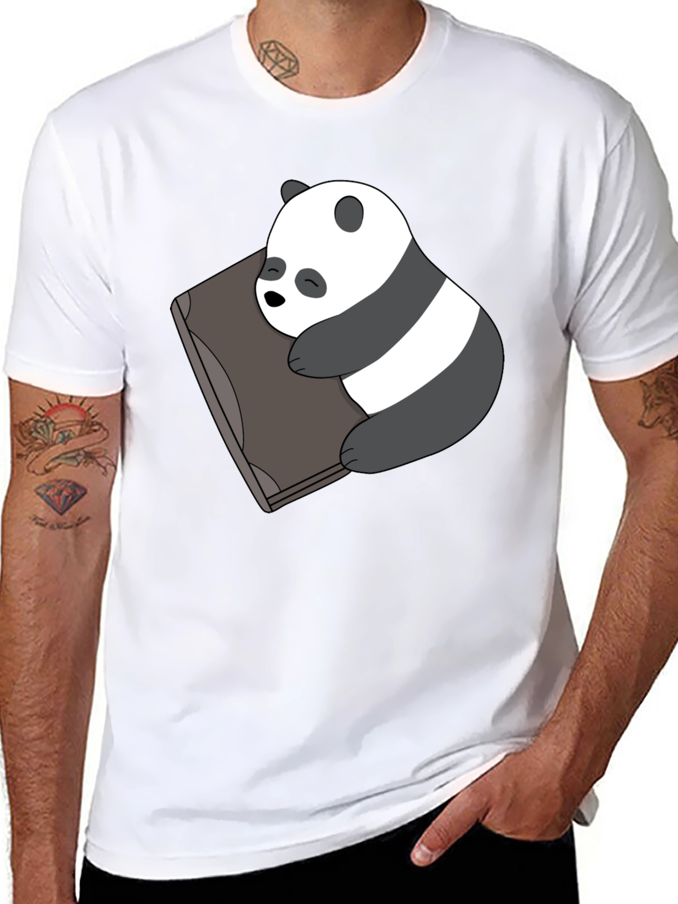 Cute Panda Bear Sleeping on Book Black T-Shirt