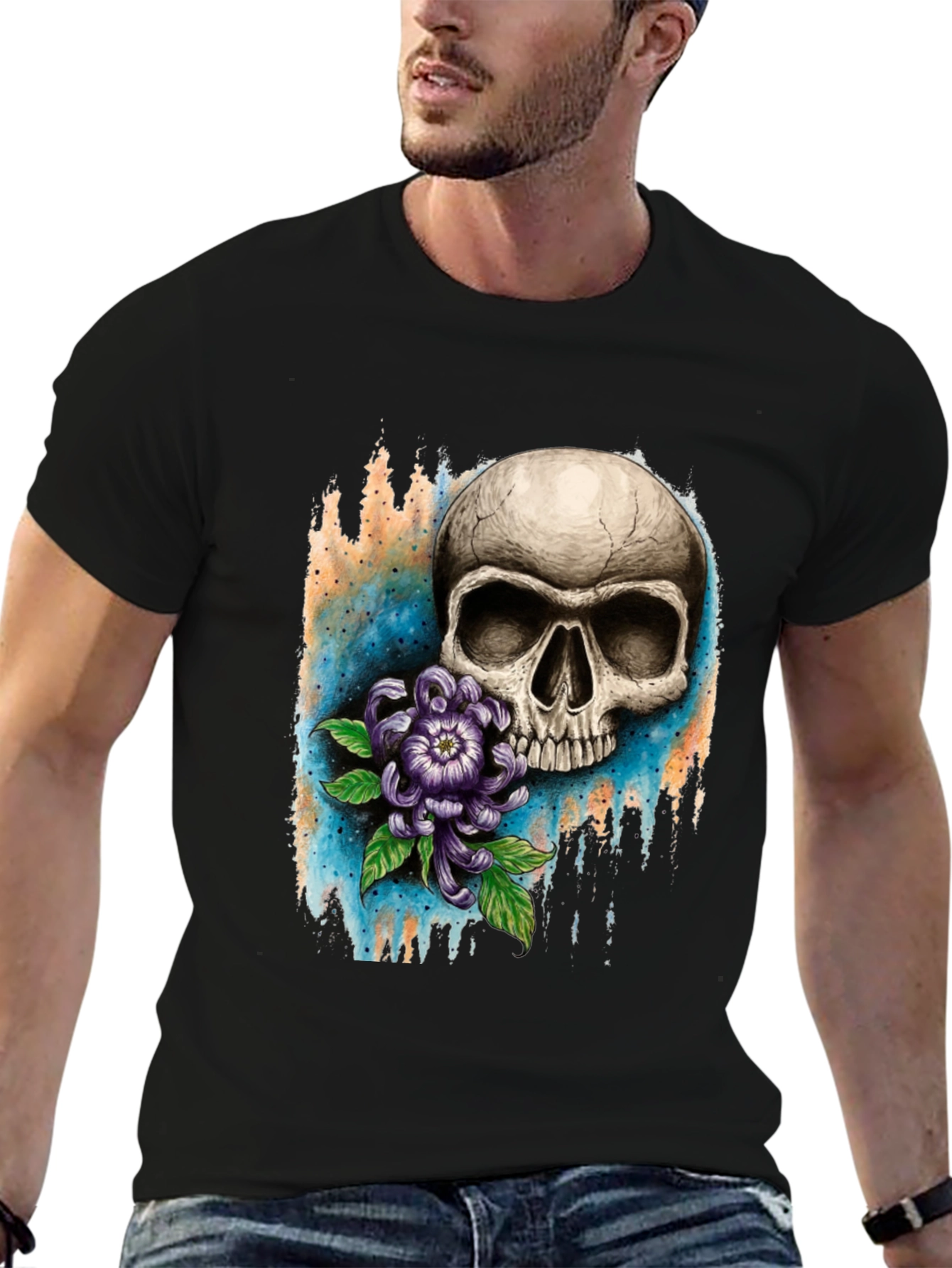 Skull and Flower Graphic T-Shirt