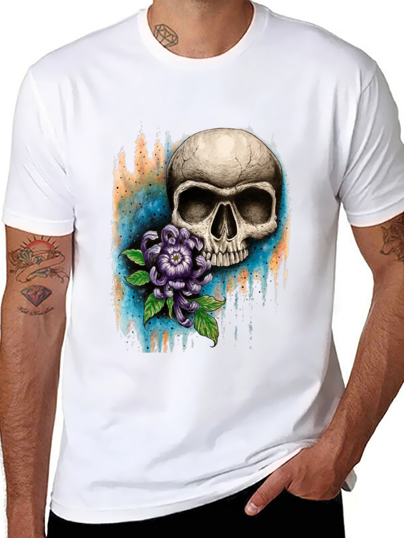 Skull and Flower Graphic T-Shirt