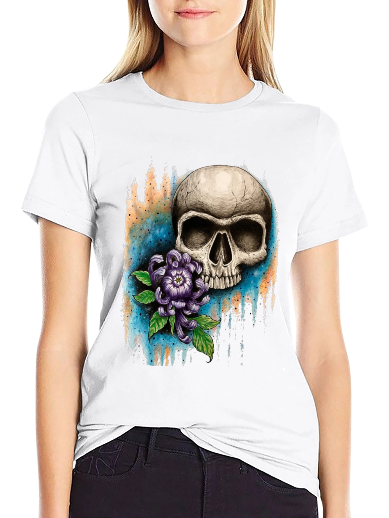 Skull and Flower Graphic T-Shirt