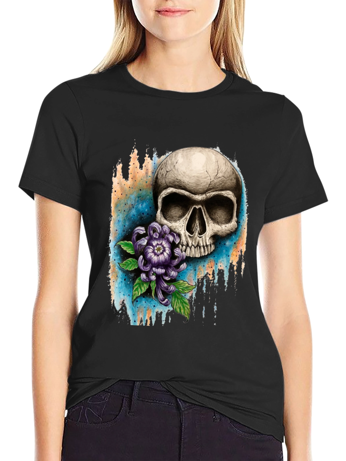 Skull and Flower Graphic T-Shirt